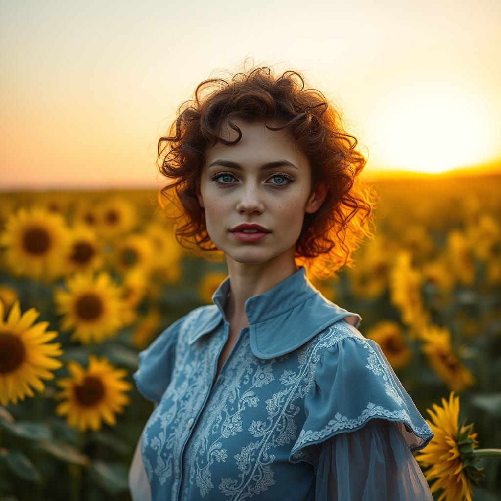 Portrait of a Woman in a Vintage Blue Dress, Standing in a S...