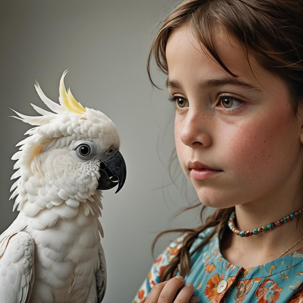Brown Haired Toddler Girl and Cockatoo in Intimate Portrait