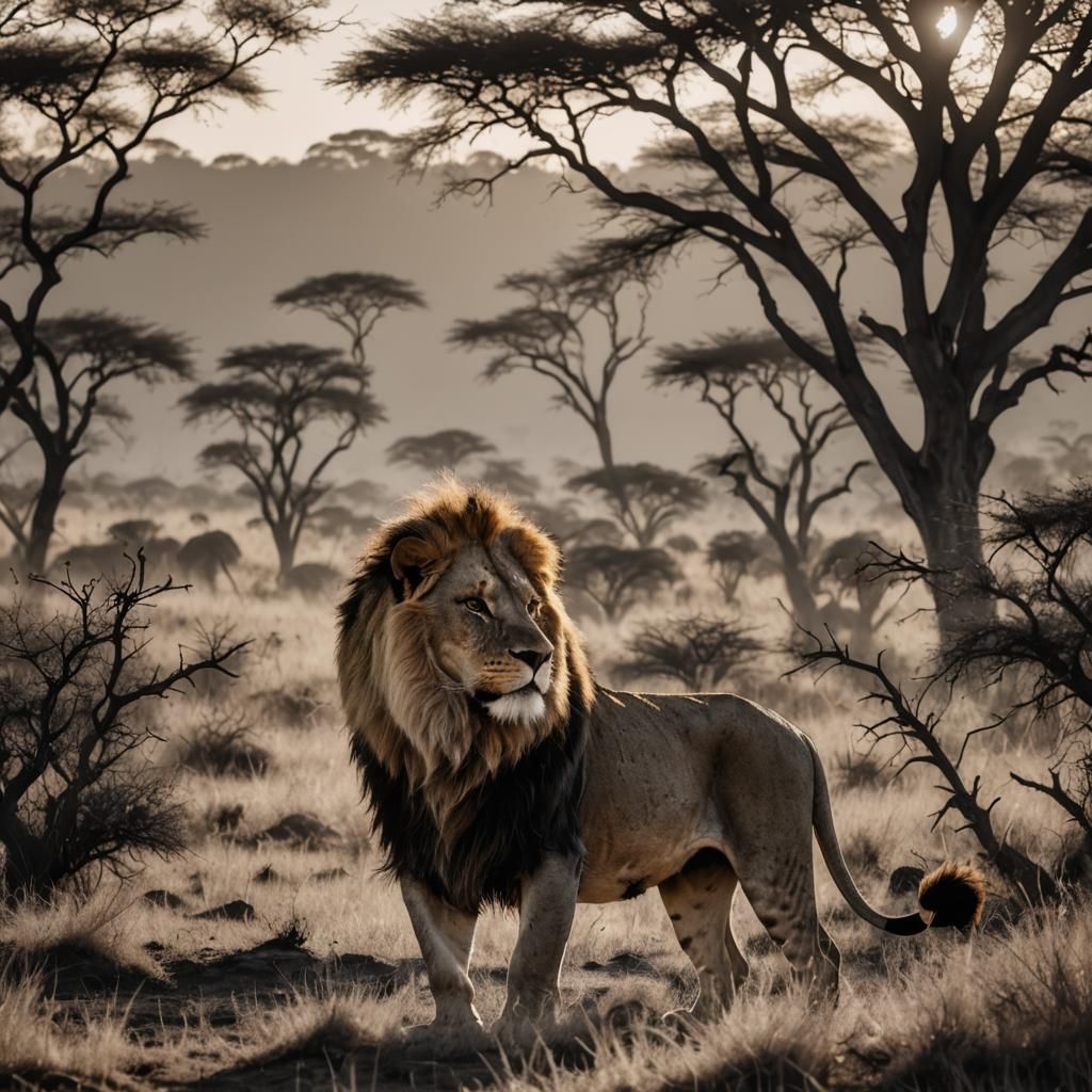 Lion Silhouette Merged with African Sunset