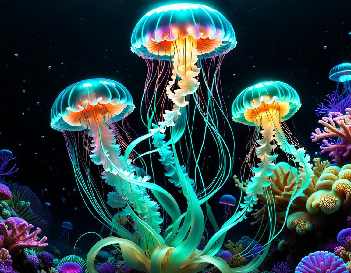 Bioluminescent Jellyfish and Coral Reef in Neon