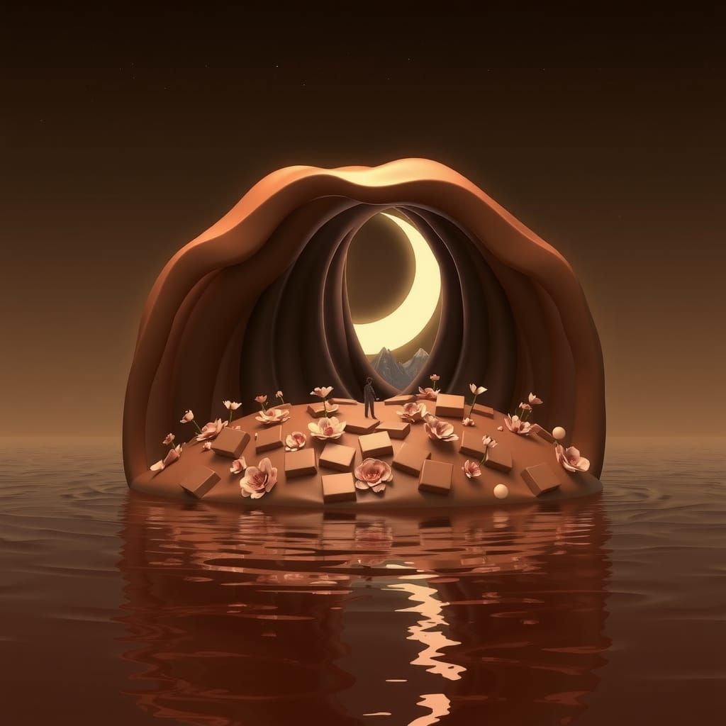 3D Chocolate Island Anime Landscape with Crescent Moon