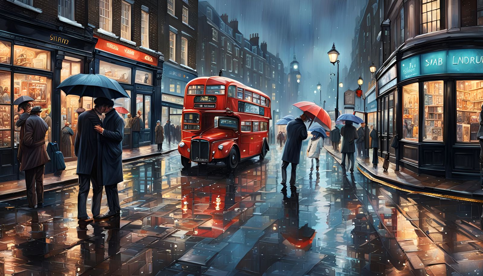 Rainy London Street Scene at Night