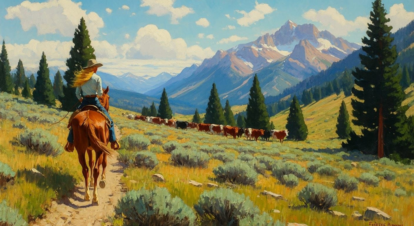 Cowgirl in the Sawtooth Mountains: Impressionistic Oil Paint...