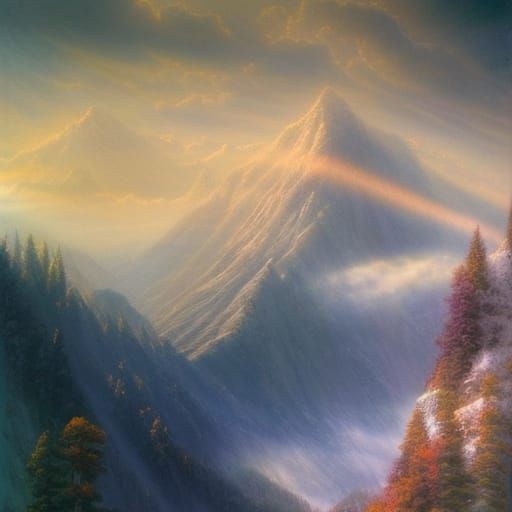Ethereal Mountain Landscape Oil Painting with Divine Light