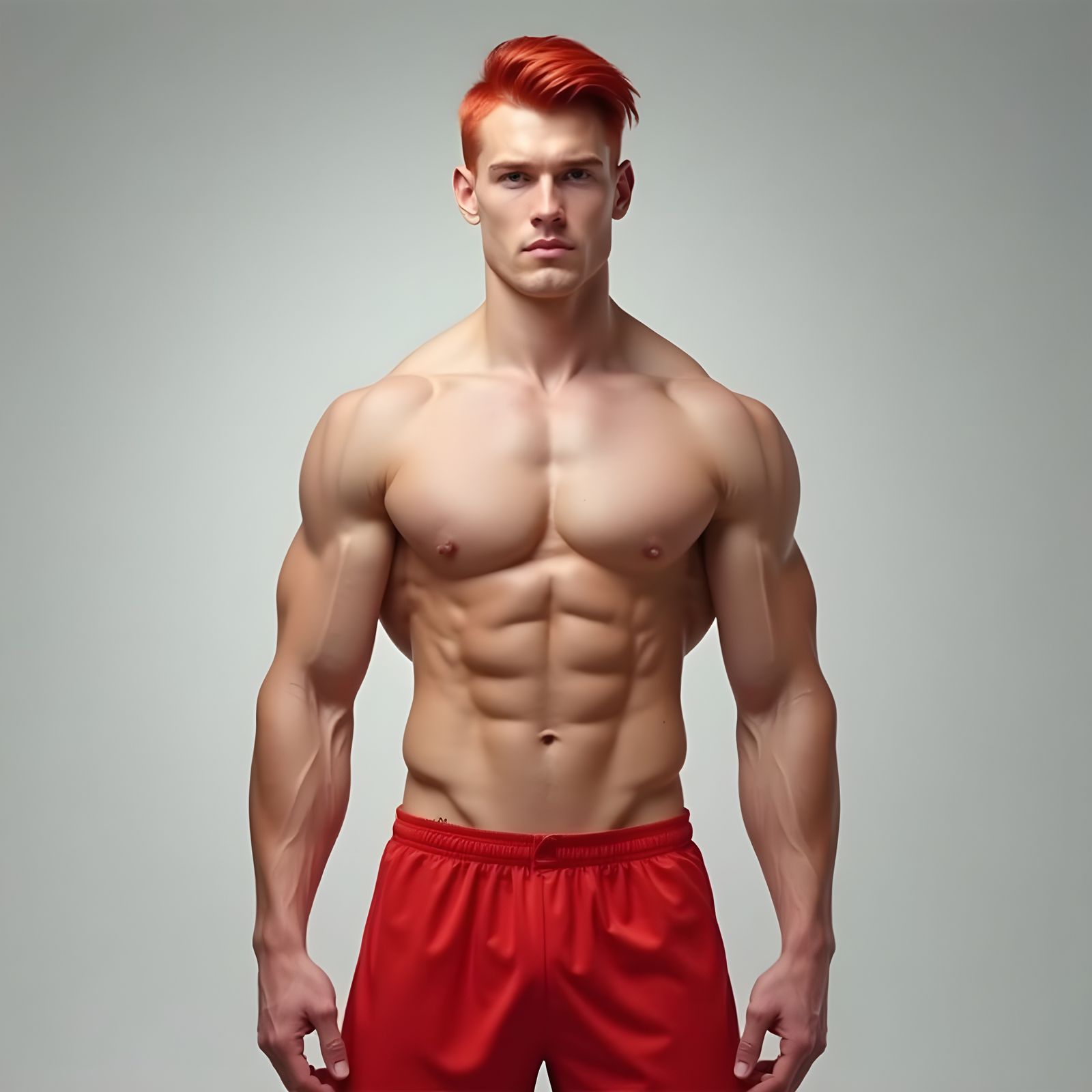 Muscular Man with Red Hair in Athletic Shorts