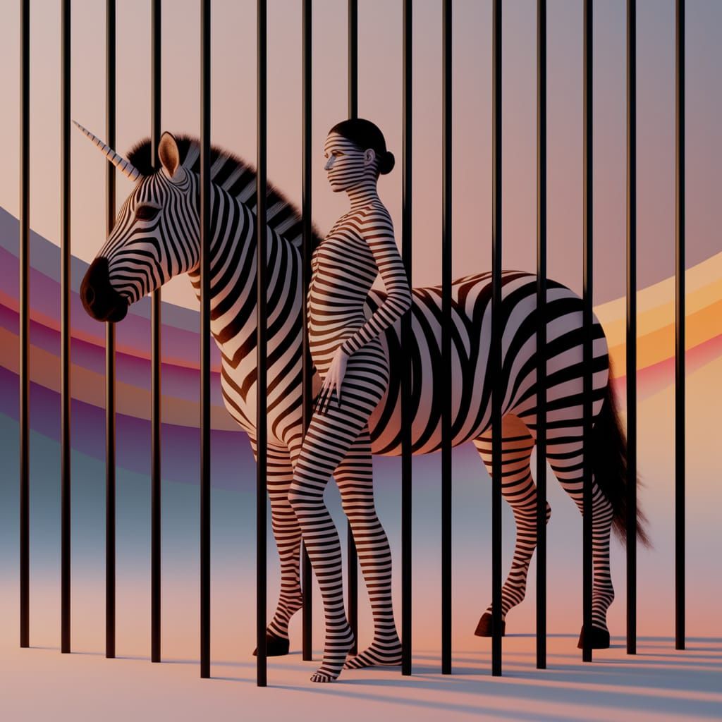 Surreal Black and White Striped Figure Merges with Dreamlike...