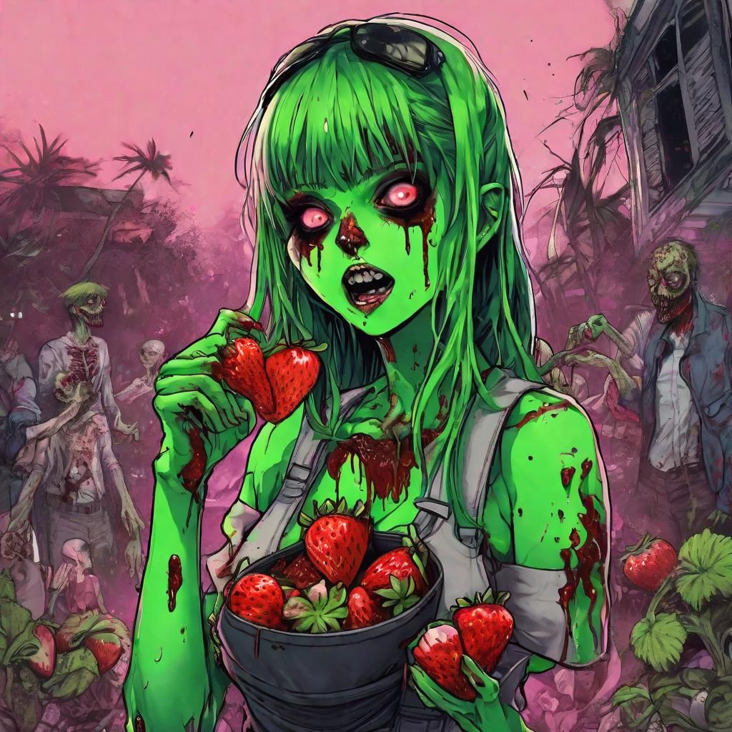 Anime Zombie Girl Eating Strawberries: Hyperdetailed Portrai...