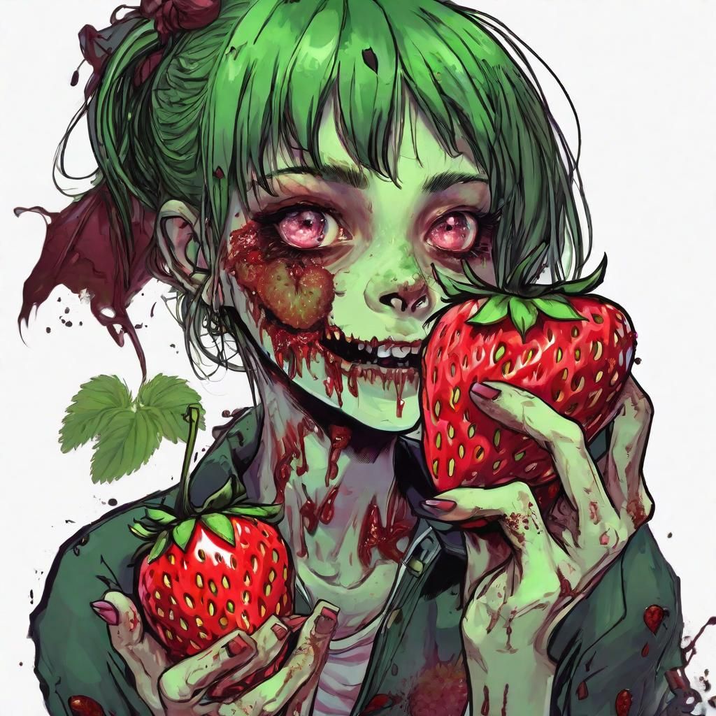 Cute Zombie Girl Eating Strawberries in Anime Style