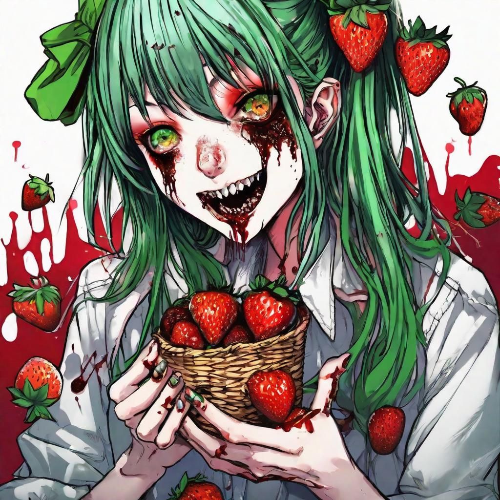 Anime Zombie Girl Eating Strawberries Portrait