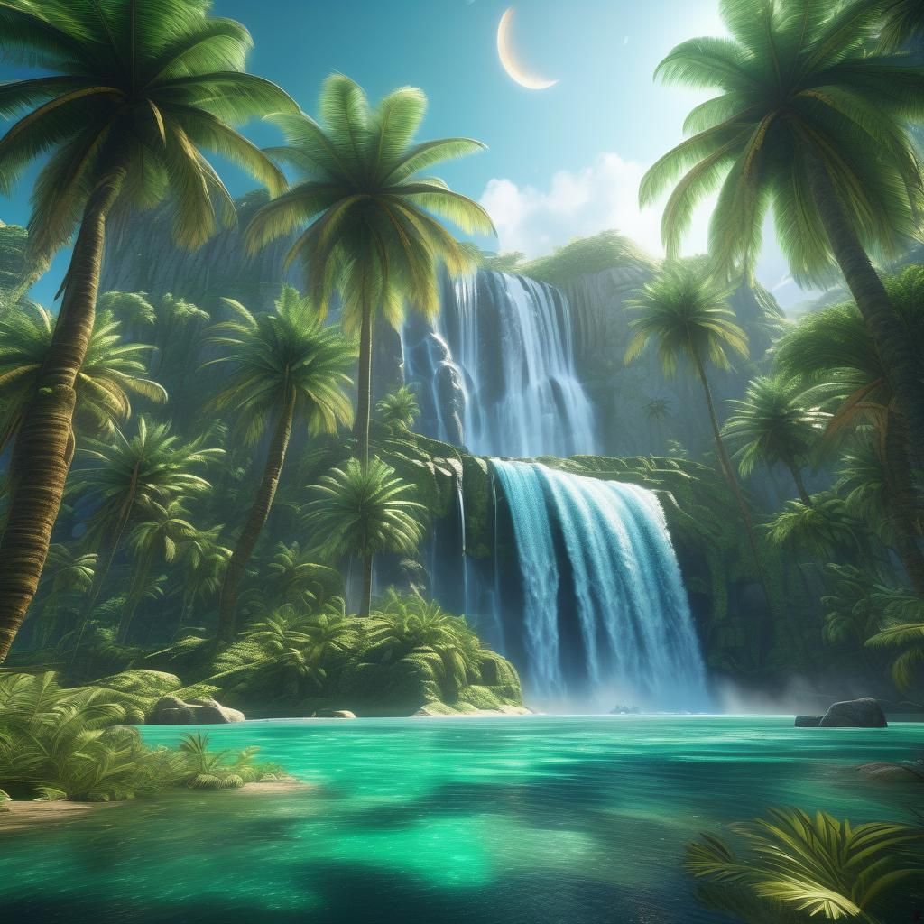 Lush Lunar Landscape with Waterfall: Fantasy Concept Art
