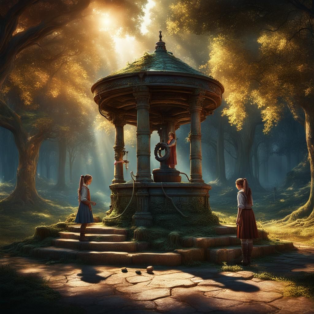 Girls Near Well with Digital Equipment