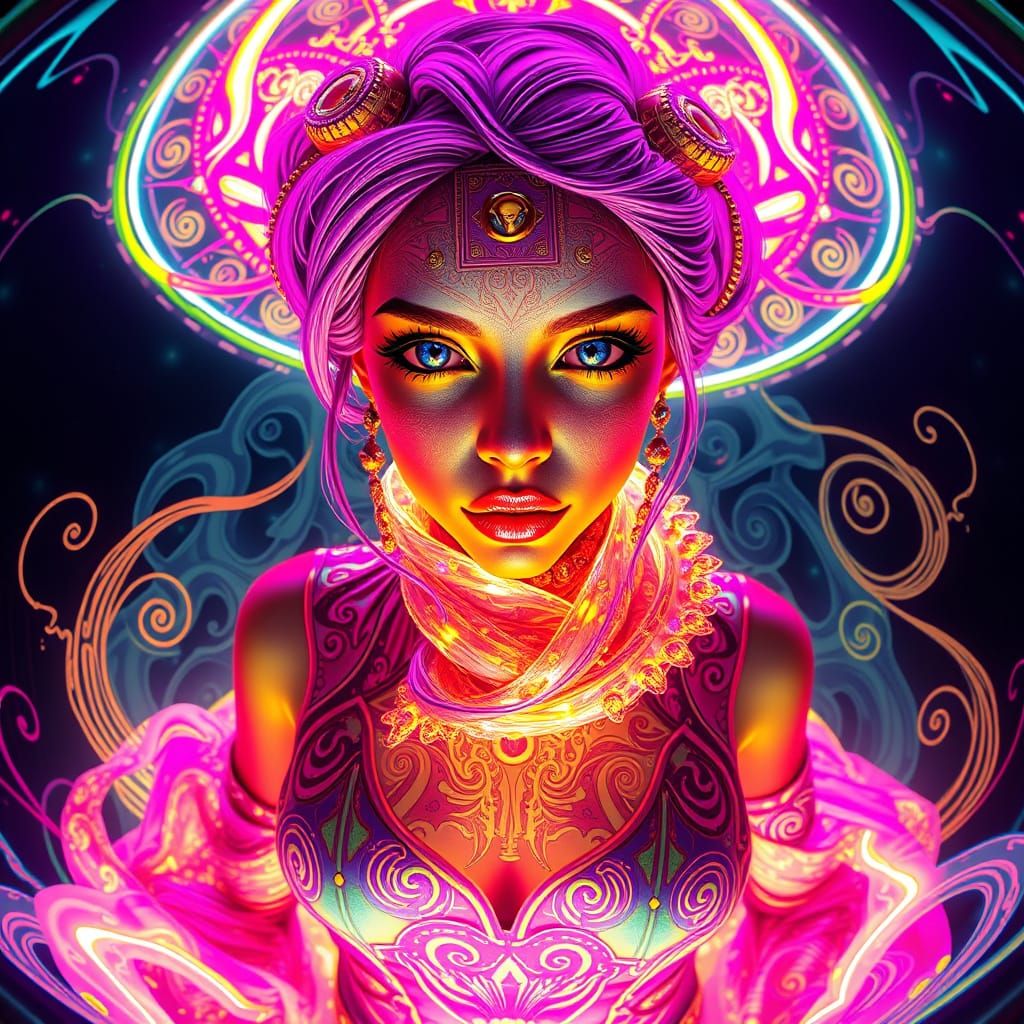 Steampunk Goddess in Cosmic, Neon-Hued Attire