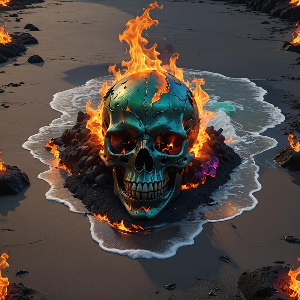 Devil Skull Engulfed in Flames on a Beach