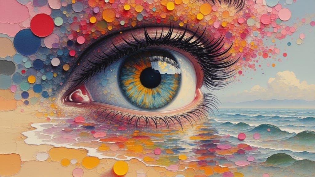 Surreal Eyeball Beach Double Exposure in Textured Blob Style