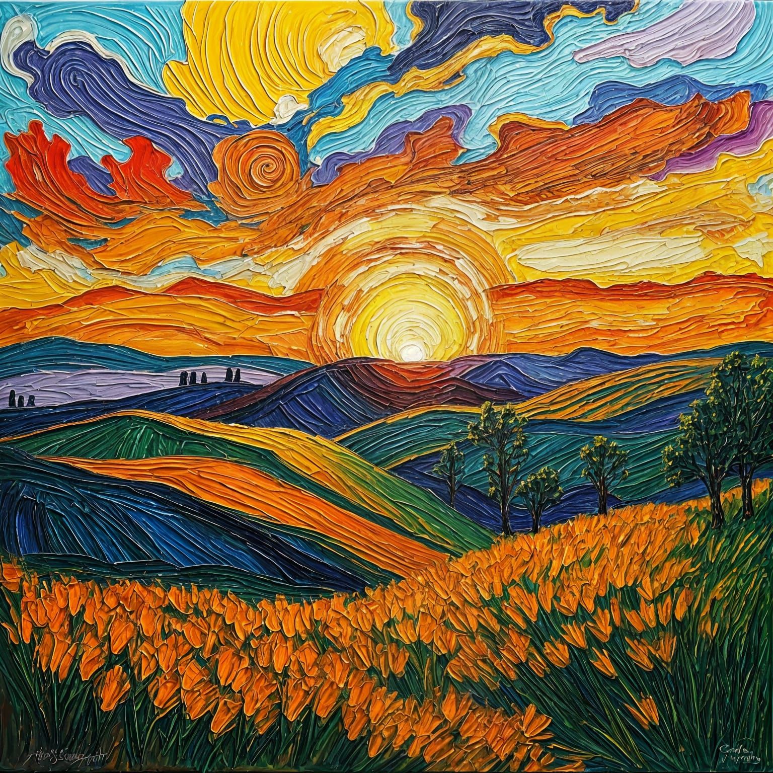 Neo-Impressionist Sunrise in Expressionist Oil Painting