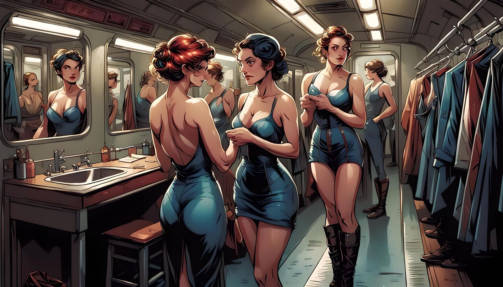 Beauties in Train Dressing Room: Comic Book Art