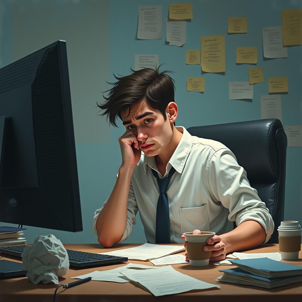 Frustrated Marketer at Cluttered Desk: Digital Art