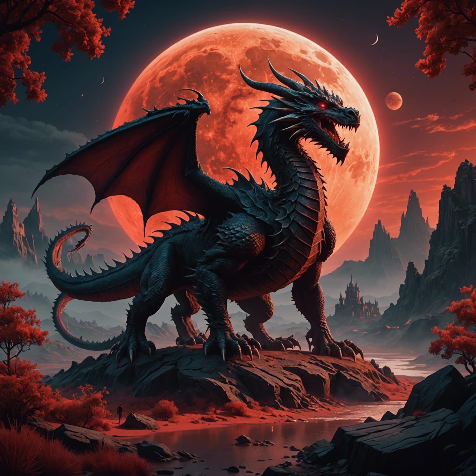 Majestic Dragon Descends Under Red Moon: Fantasy Art