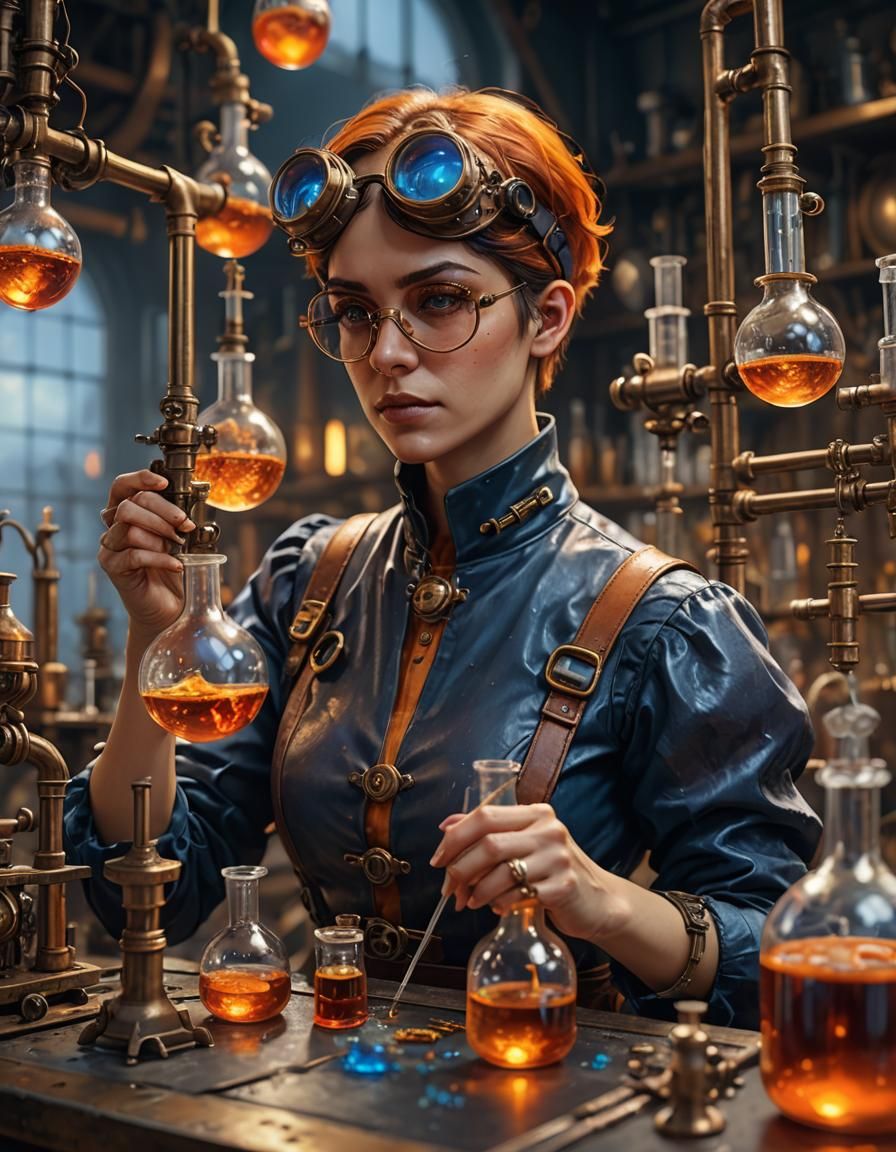 Steampunk Alchemist Mixing Reagents in Laboratory