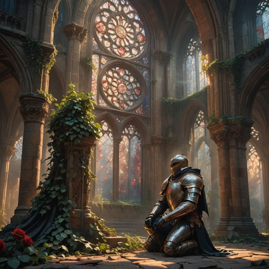 Medieval Warrior Praying in Ruined Cathedral