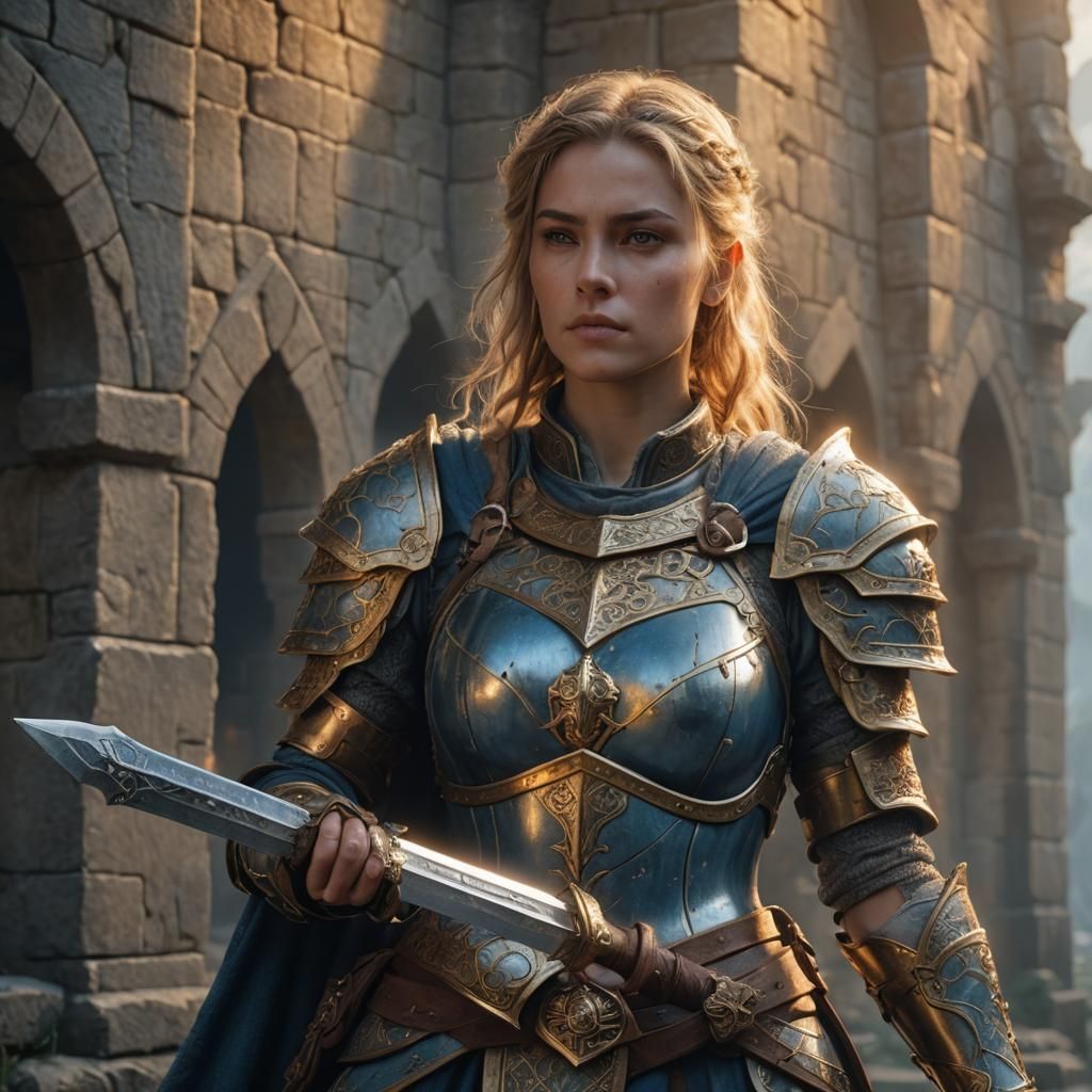 Heroic Medieval Warrior with Sword in Fantasy Setting