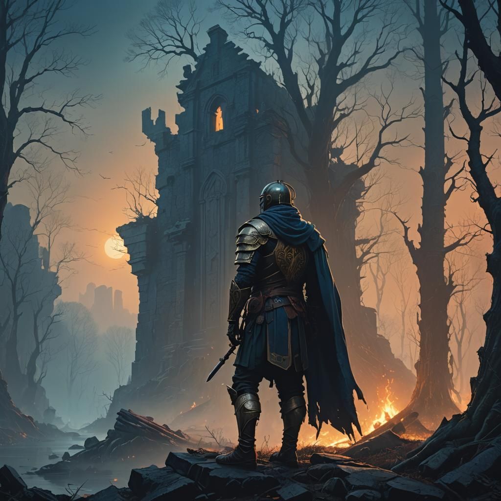 Brooding Warrior in Mystical Forest, Fantasy Art