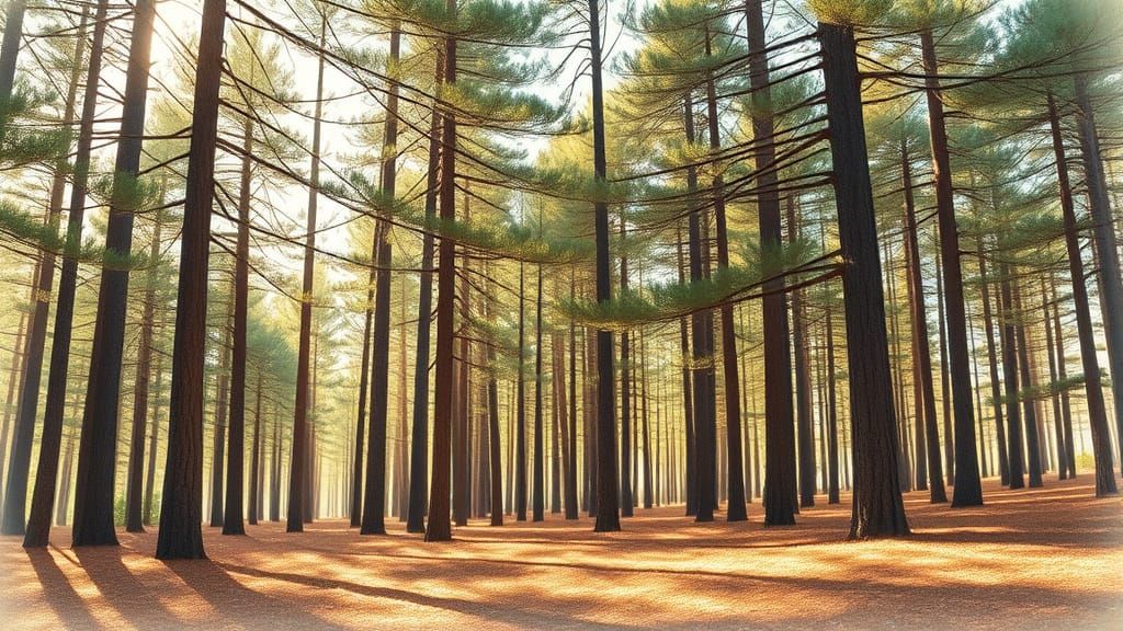 Serene Pine Forest in Golden Light, Inspired by Academic Art