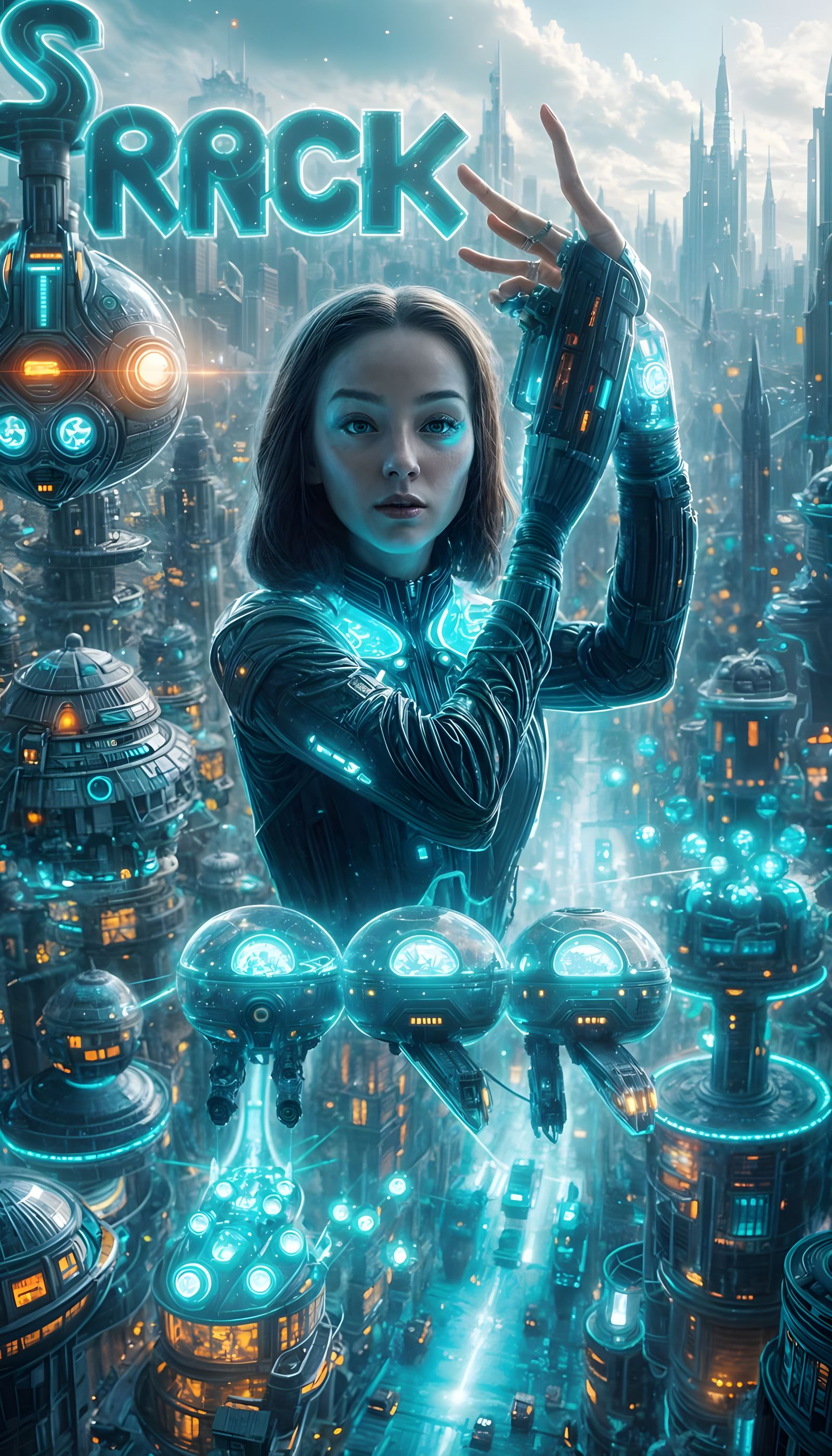 Vibrant Sci-Fi City Inside Mechanical Woman
