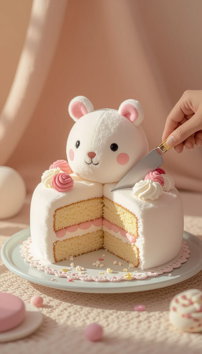 Pastel Plush Cake Sliced: A Cozy, Cute Still Life