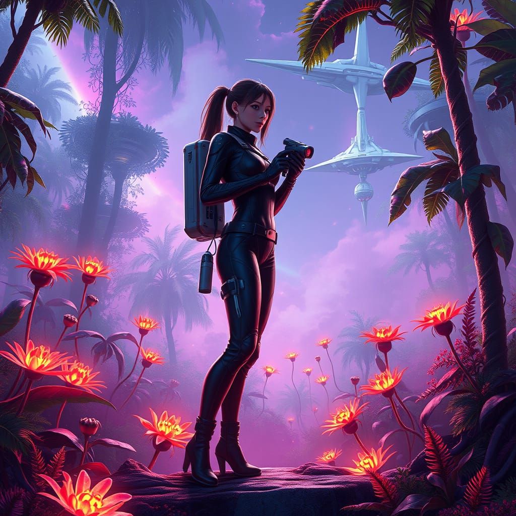 Futuristic Space Explorer in a Mutated Floral Landscape