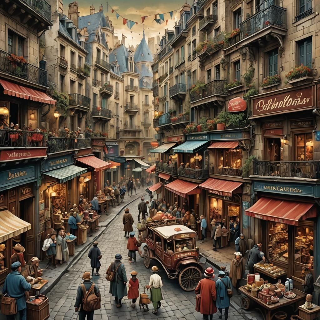 Paris Street Scene in Paper-Cut Style