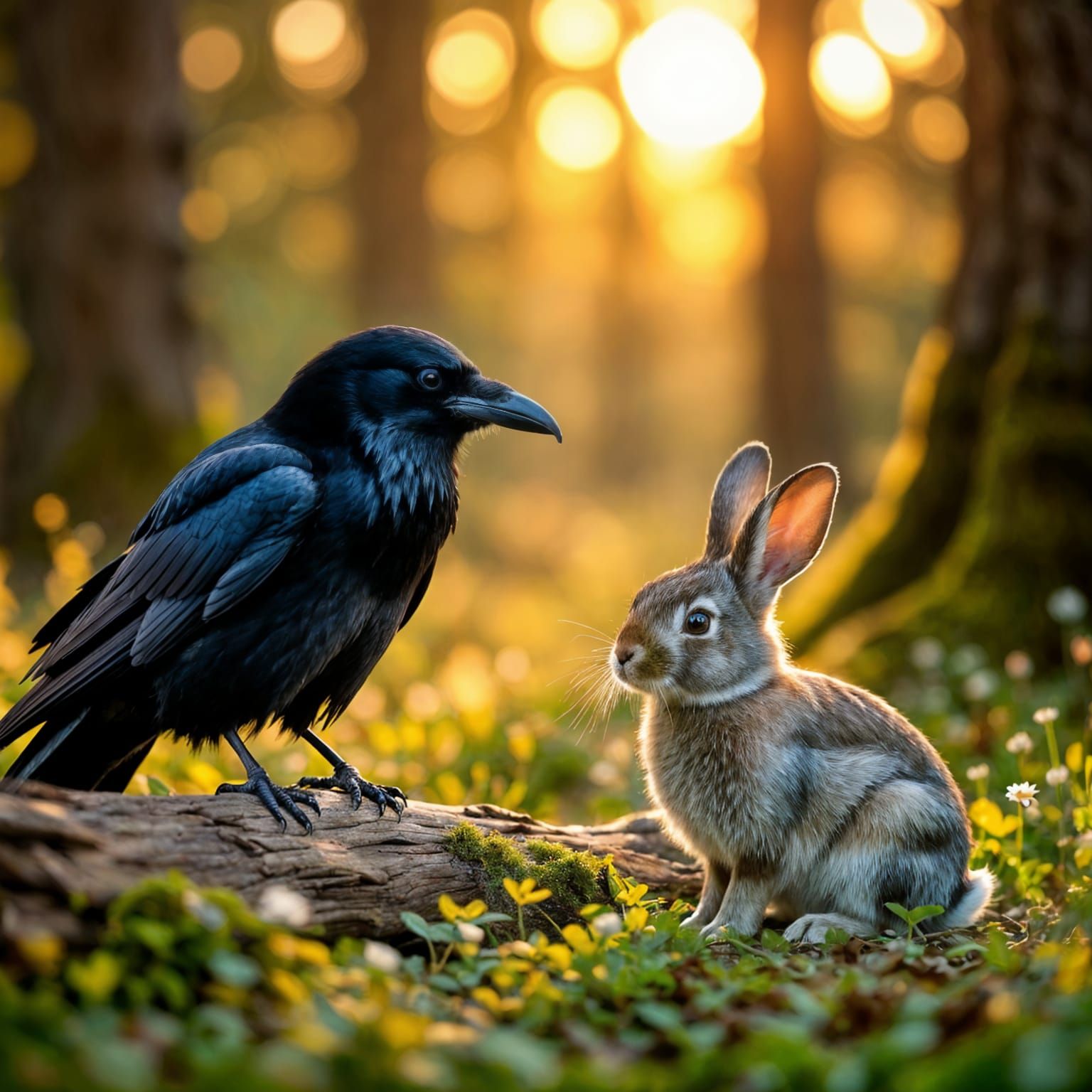 Raven and Rabbit Meet in Golden Hour Forest Clearing