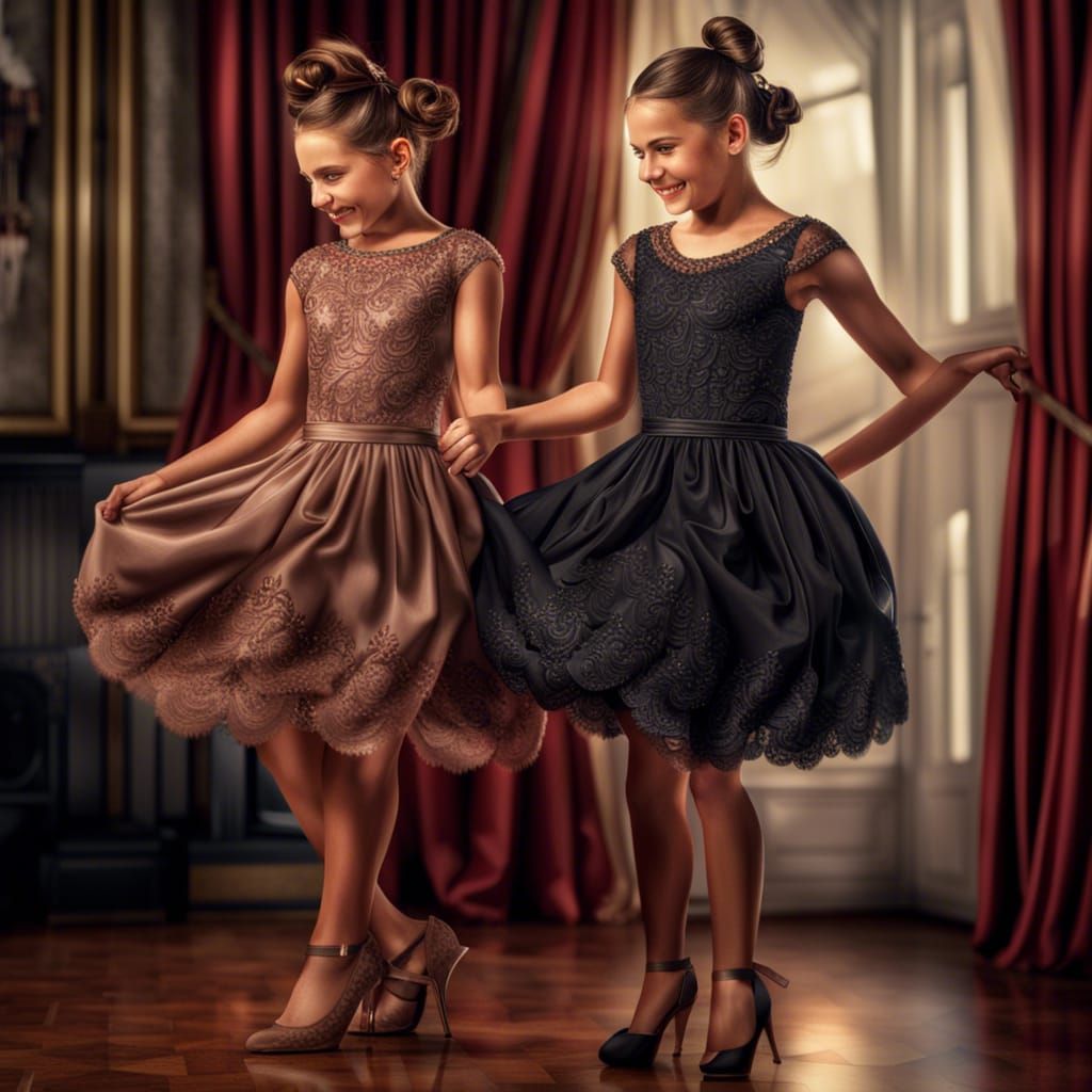 Two Girls Dancing Waltz in Hyperrealistic Style