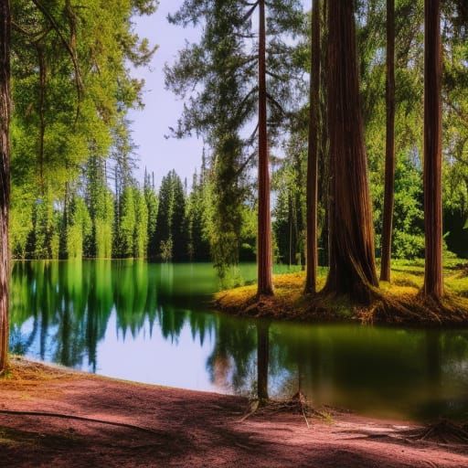 Epic Redwood Forest Lake Digital Matte Painting