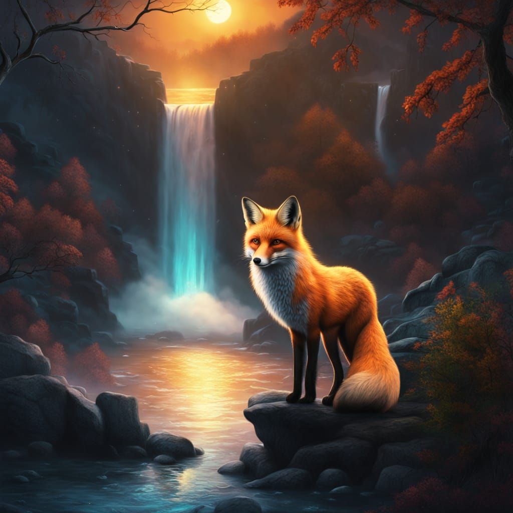 Surreal Fox by Waterfall at Night in Vibrant Oil Painting