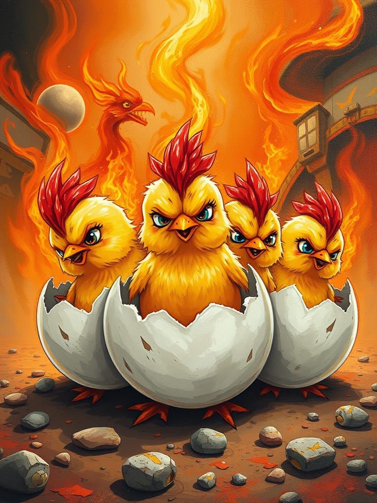 Fiery Angry Chicks Hatching: Anime Acrylic Art