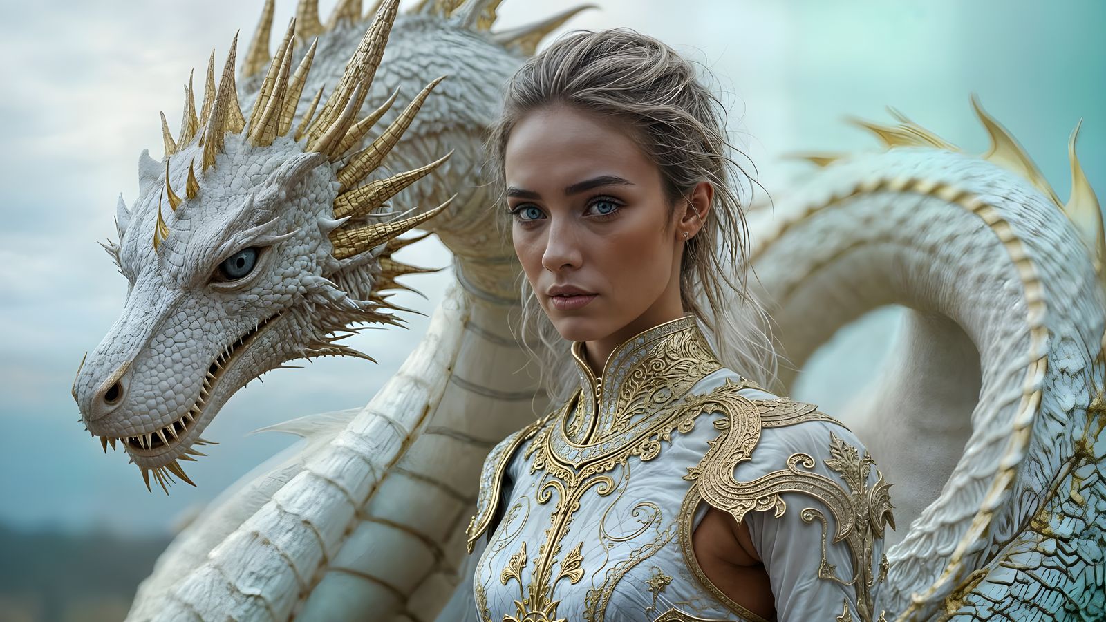 Dragon Embrace: Woman in White and Gold Armor