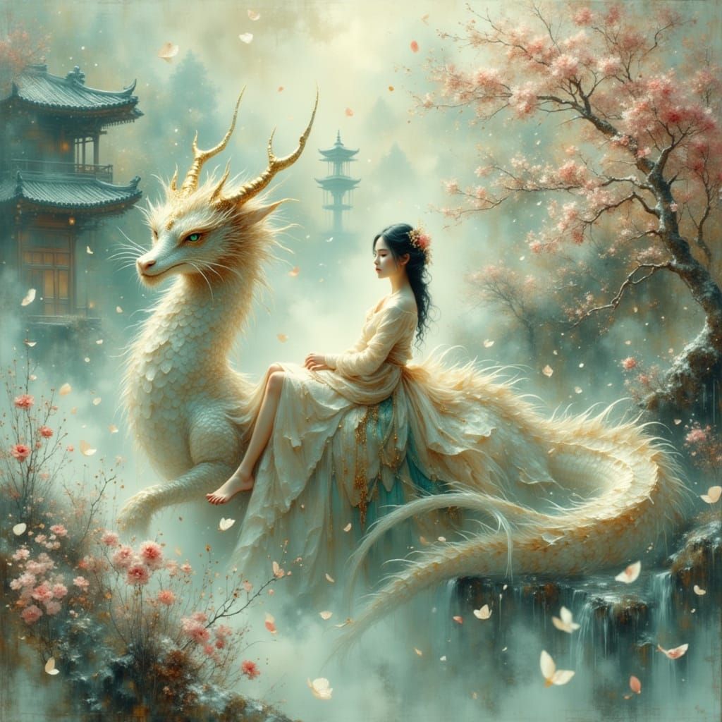 Japanese Fantasy Scene: Woman and Dragon in Snow and Sakura