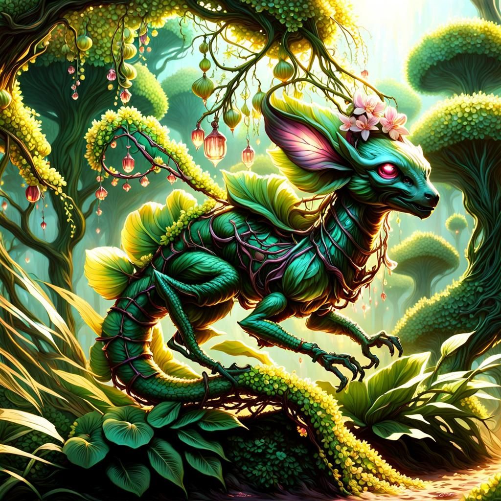 Nymph Rider on Martian Beast in Backlit Forest