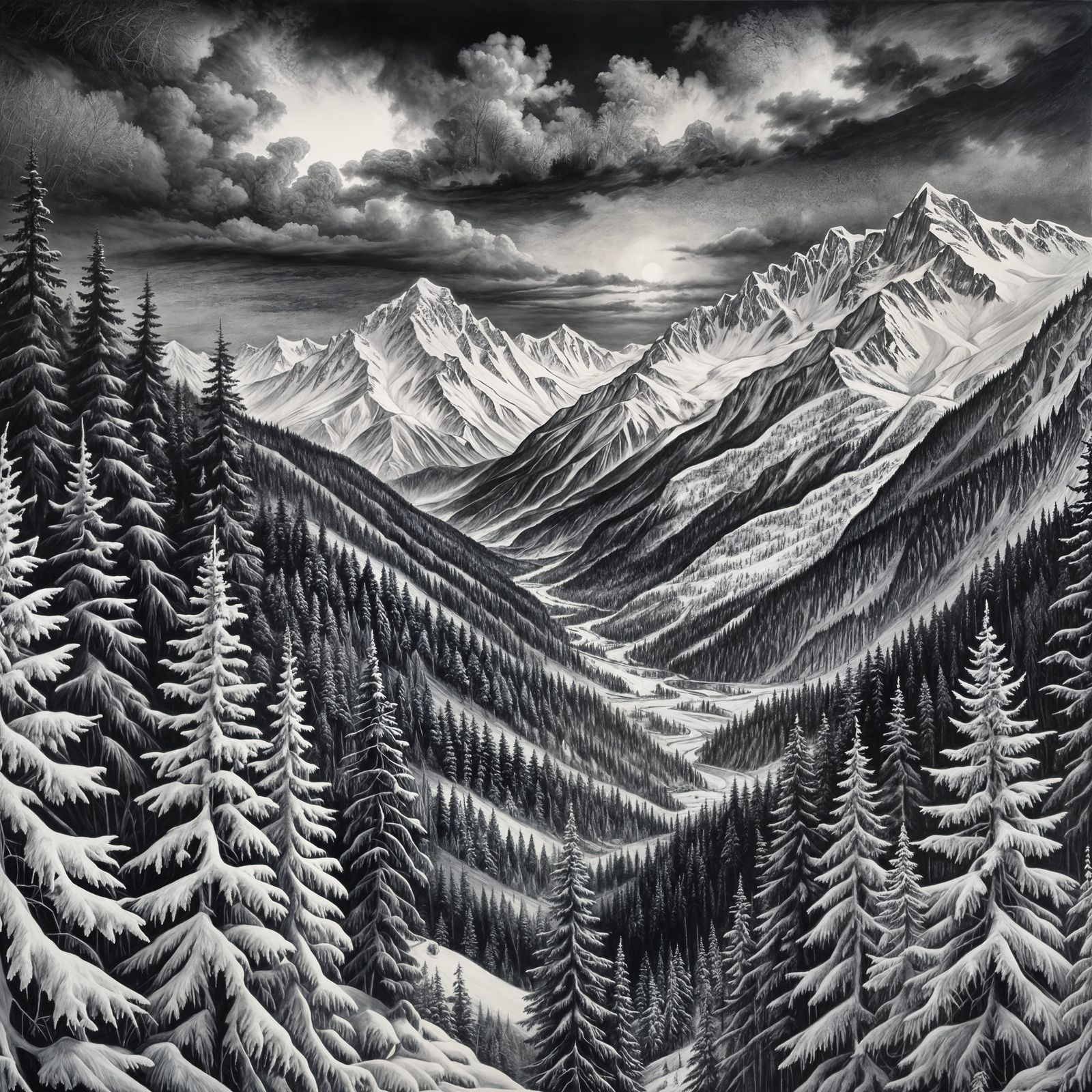 Twilight Snow Scene in Charcoal Drawing Style