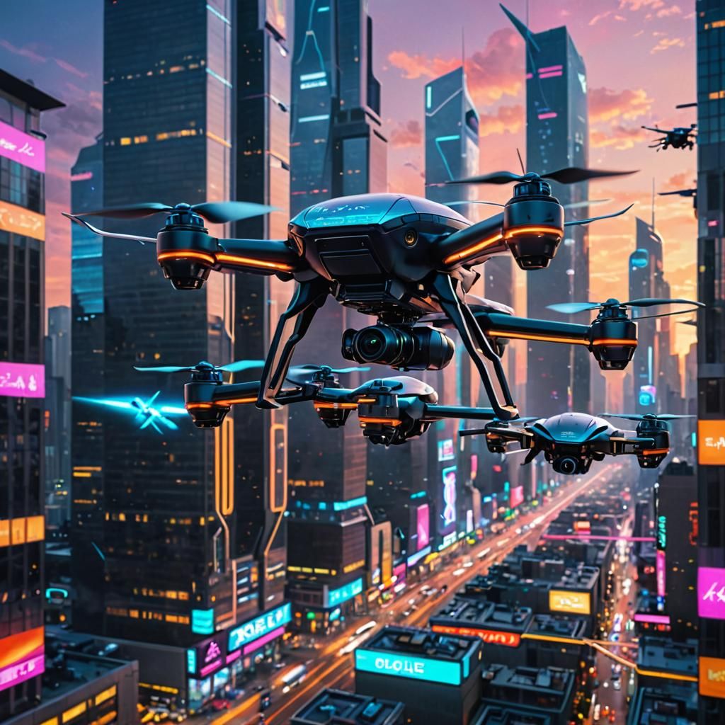 Neon Drone Swarm Over Cyberpunk City Sunset