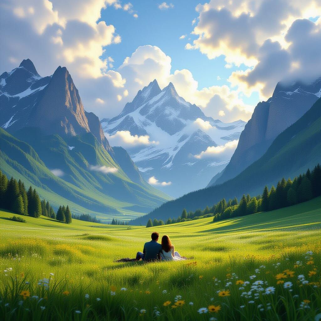 Majestic Mountain Landscape with Meadow and Resting Couple