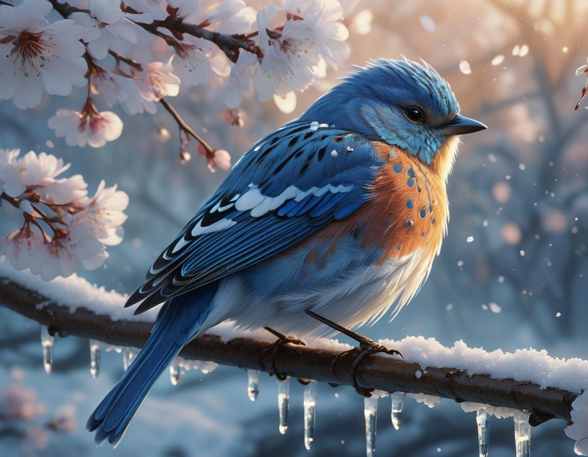 Blue Bird with Cherry Blossoms, Fantasy Art