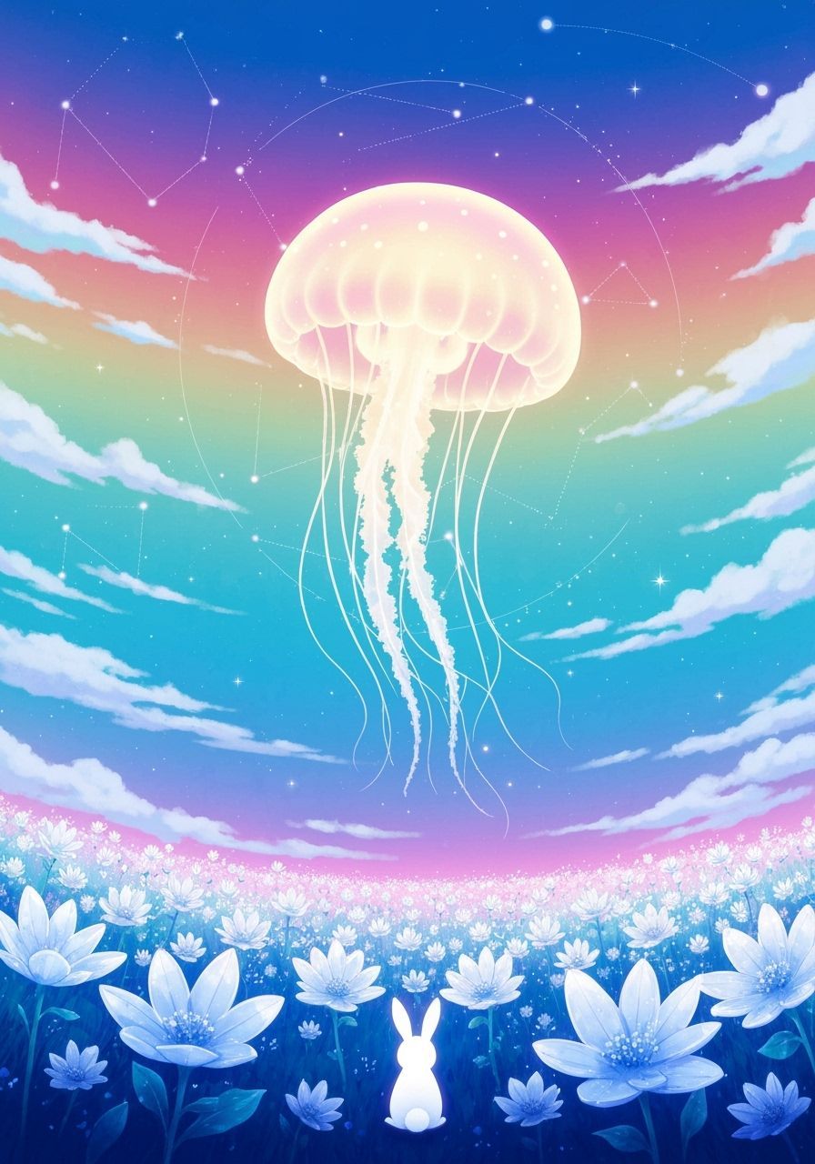 Surreal Luminous Jellyfish Over Crystalline Flowers