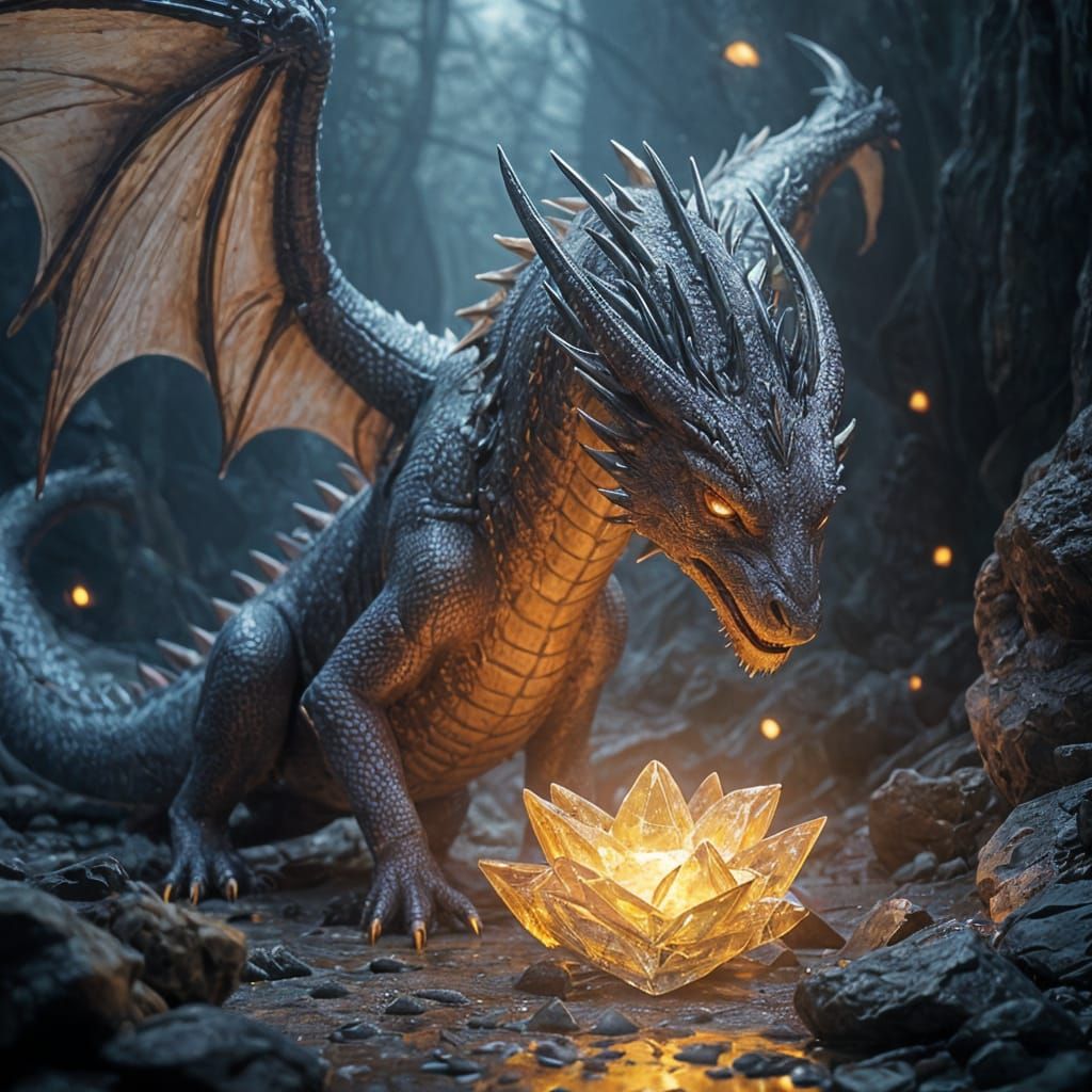 Dragon's Amber Eyes Reflected in Crystal: Dark Fantasy Art