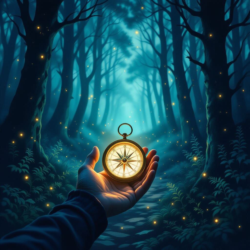 Glowing Compass Guides Figure Through Ethereal Forest
