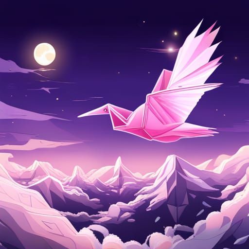 Origami Crane Flies in Magical Anime Sky