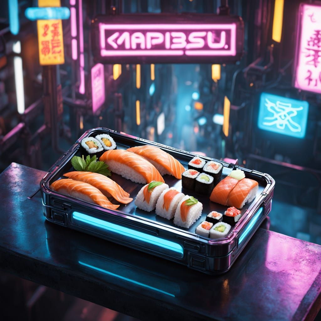 Cyberpunk Bento Box with Neon Sushi