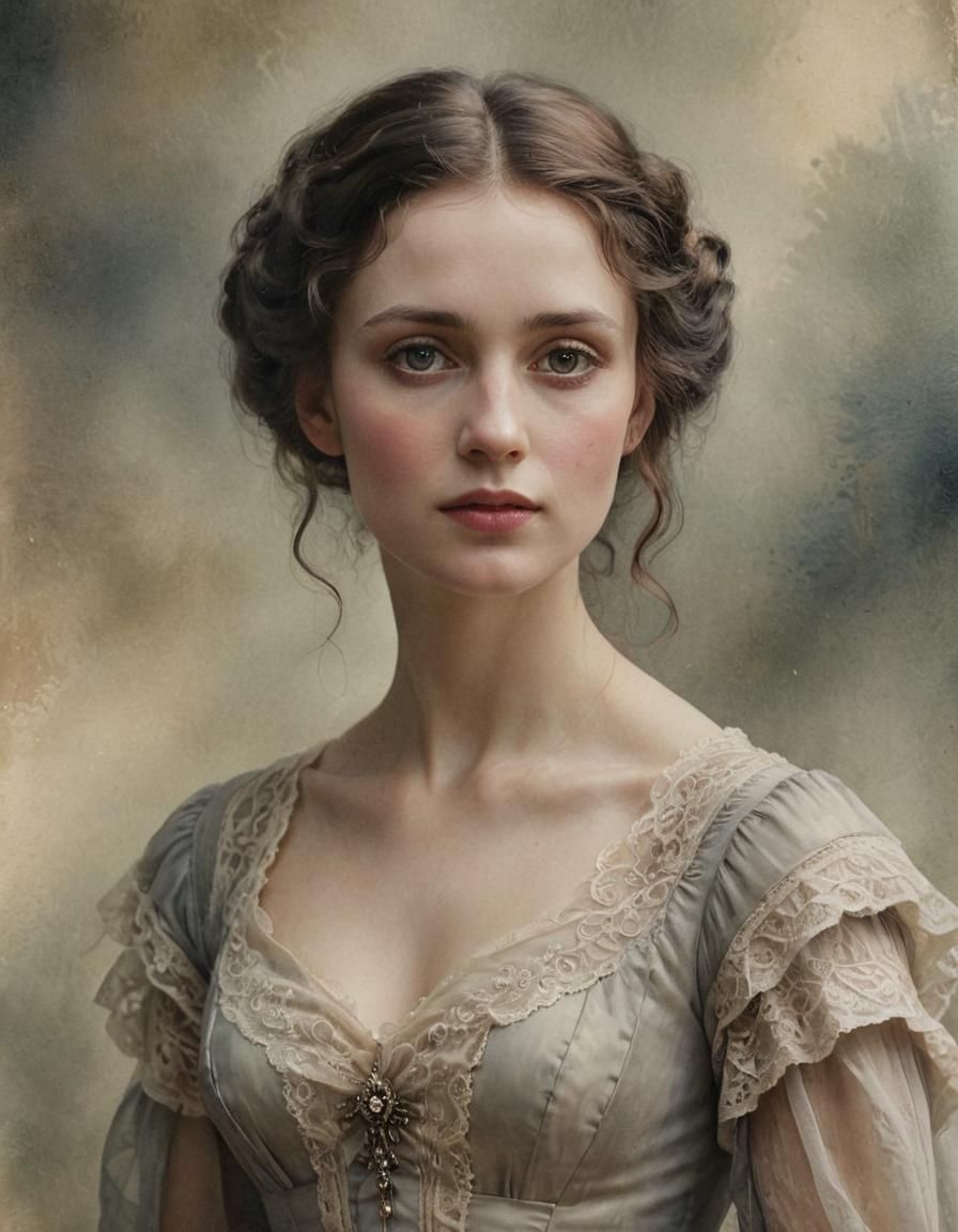 Soft Watercolor Portrait of a Victorian Beauty in Misty Ligh...