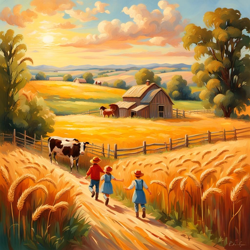 Idyllic Wheat Field: Children and Farm Animals in Impression...